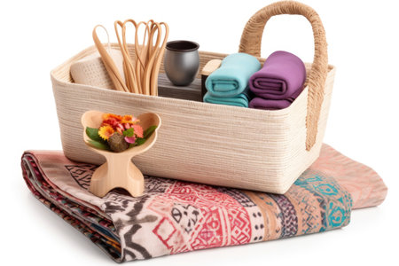 overflowing basket with yoga accessories, including mat, towel, and block, created with generative aiの素材