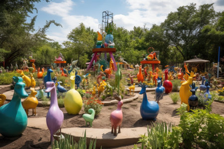 a beautiful sculpture garden with a variety of colorful and whimsical sculptures, created with generative aiの素材