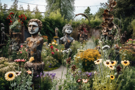 a garden full of unique sculptures with flowers and greenery, created with generative aiの素材