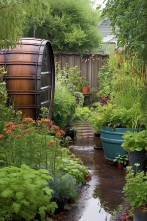 rainwater collection barrels in a garden, created with generative aiの素材