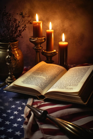 open book with the history of veterans day and a lit candle, created with generative aiの素材
