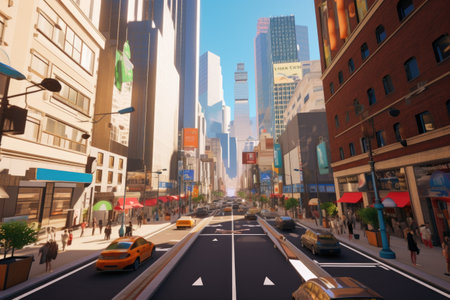 virtual reality simulation of a bustling metropolis, with towering buildings and busy sidewalks, created with generative aiの素材