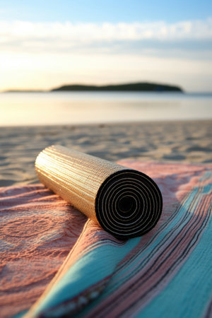 yoga mat rolled up with a peaceful beach background, created with generative aiの素材