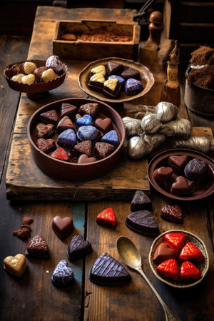heart-shaped chocolates on rustic wooden table, created with generative aiの素材