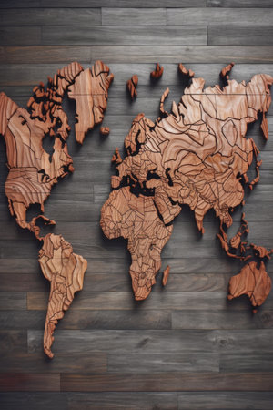 textured world map on wooden background, created with generative aiの素材