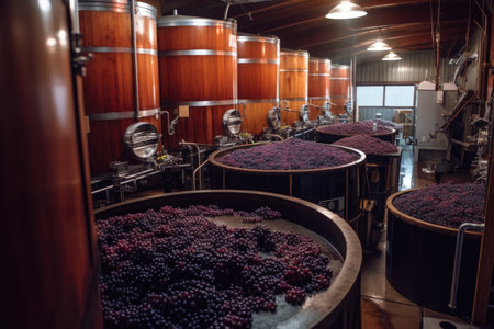 fermentation tanks filled with grape juice, created with generative aiの素材