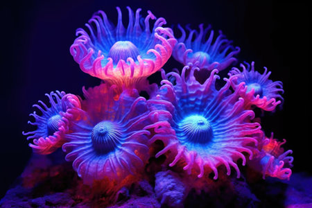 fluorescent sea anemones glowing under ultraviolet light, created with generative aiの素材