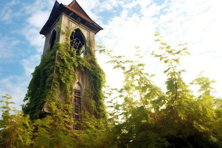 vines crawling up clock tower, created with generative aiの素材
