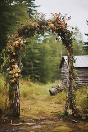 rustic outdoor wedding ceremony arch, created with generative aiの素材