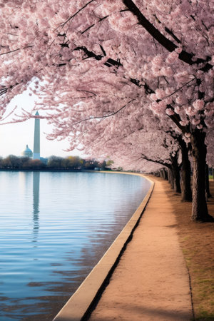 cherry blossoms surrounding the tidal basin, created with generative aiの素材