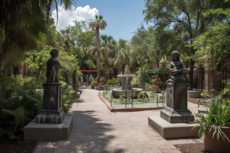 park with sculptures, fountains, and greenery, created with generative aiの素材