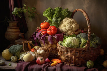 freshly harvested vegetables in a rustic basket, created with generative aiの素材