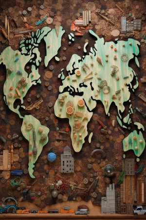 world map made of recycled materials and eco icons, created with generative aiの素材