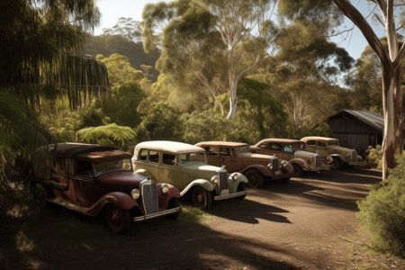 vintage vehicle collection, with multiple vehicles, against a backdrop of natural beauty, created with generative aiの素材