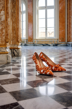 elegant womans shoes on a marble floor, created with generative aiの素材