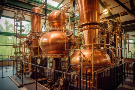 whisky distillation equipment and copper stills, created with generative aiの素材