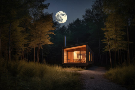 minimalist cabin in the woods, with a view of the full moon, created with generative aiの素材