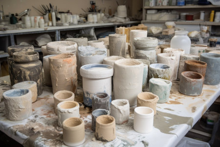 ceramics workshop, with pots and jars in various stages of creation, created with generative aiの素材