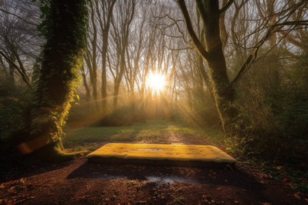 glowing sunrise, with sunlight shining through the trees and onto a yoga mat, created with generative aiの素材