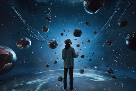 person, immersed in virtual reality simulation of space, flying past planets and stars, created with generative aiの素材
