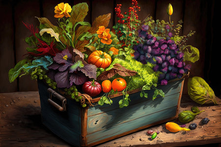 container garden filled with colorful flowers and vegetables, created with generative aiの素材