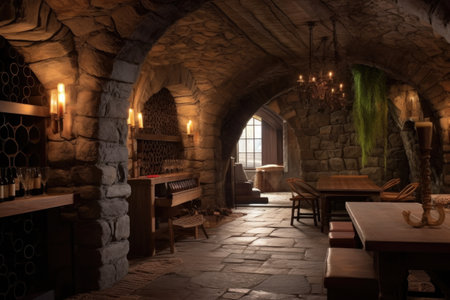 wine cellar with exposed stone walls and arches, created with generative aiの素材