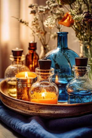 essential oils and candles set up for a relaxing spa day, created with generative aiの素材