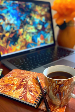 coffee mug and notepad beside laptop for webinar, created with generative aiの素材