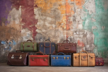 colorful vintage luggage against a rustic wall, created with generative aiの素材