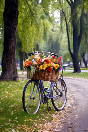 womans bike with a basket of flowers in a park, created with generative aiの素材