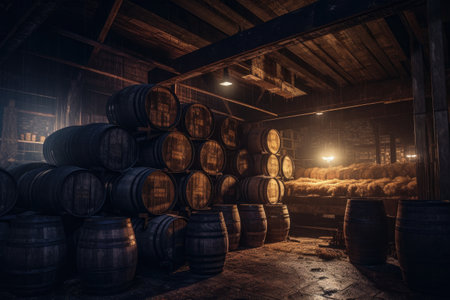 close-up of whiskey barrels in a dimly-lit warehouse, created with generative aiの素材