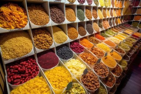 aisle of dried fruits, nuts, and seeds in bulk containers, created with generative aiの素材