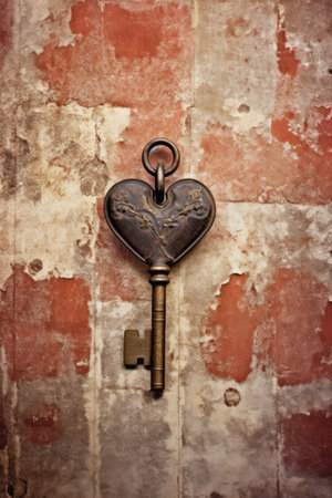 heart-shaped lock and key on vintage background, created with generative aiの素材