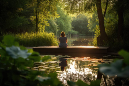 person, sitting in peaceful and tranquil setting, meditating and finding inner peace, created with generative aiの素材