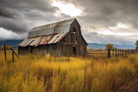 old barn with a backdrop of stormy skies, created with generative aiの素材