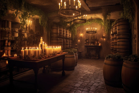 atmospheric candlelight illuminating a wine cellar, created with generative aiの素材