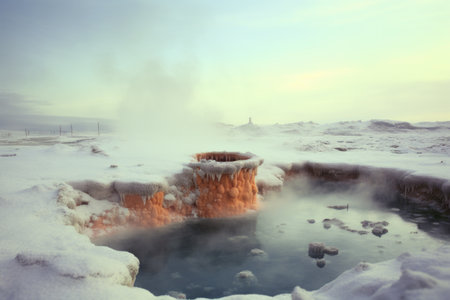 steamy hot spring surrounded by ice and snow, created with generative aiの素材