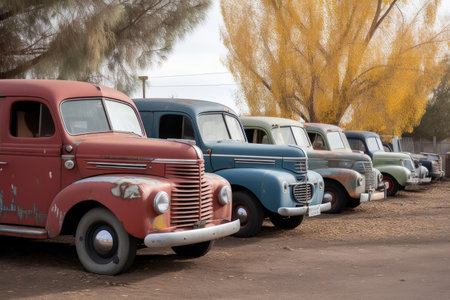 vans and trucks of the past parked in row, ready for a road trip, created with generative aiの素材