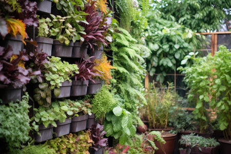 lush vertical garden wall with various edible plants, created with generative aiの素材