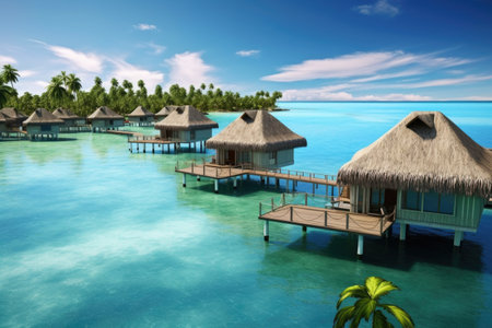 overwater bungalows on a serene tropical lagoon, created with generative aiの素材