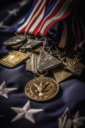 close-up of folded american flag and military medals, created with generative aiの素材