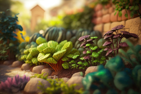 close-up of vegetable garden, with individual plants in focus, created with generative aiの素材