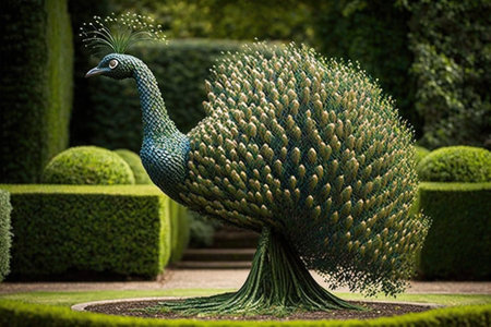 topiary peacock with its tail feathers spread in full display, created with generative aiの素材