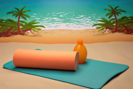 tropical beach scene with sun, sand, and waves on yoga mat, created with generative aiの素材