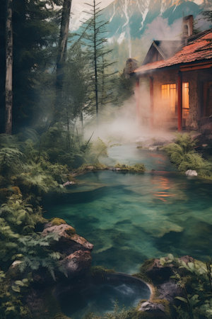 steaming hot springs surrounded by nature, created with generative aiの素材