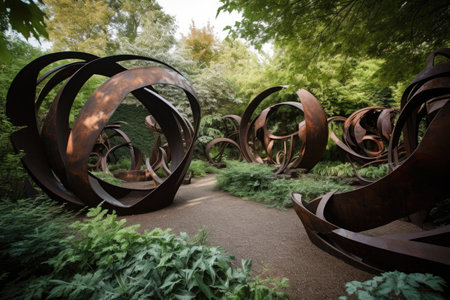 surrealistic sculpture garden with twisted and abstract forms, created with generative aiの素材