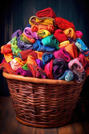 pile of colorful warm socks in a basket, created with generative aiの素材