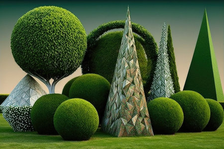topiary with geometric shapes, such as triangles and circles, created with generative aiの素材