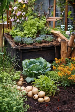 organic garden with various vegetables and compost bin, created with generative aiの素材