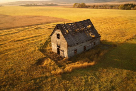 aerial view of a weathered barn in a golden field, created with generative aiの素材